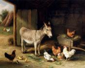 埃德加亨特 - Donkey Hens And Chickens In A Barn